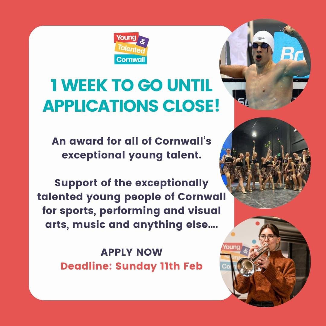 🌟JUST ONE WEEK TO GO 🌟

This awards gives young people from across Cornwall the access to additional financial support to help them reach their goals, whatever their talent!

Please share with the young and talented people in your life.

Apply now: youngandtalentedcornwall.org/how-to-apply/c…