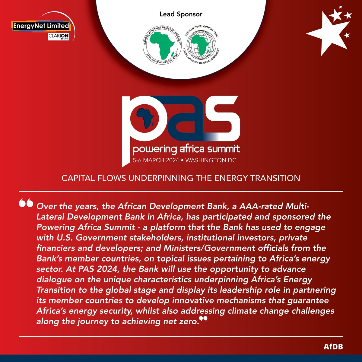 We are pleased to welcome @AfDB_Group as our lead Sponsor of #PAS24. They continue to join the discussion around the theme of Capital Flows Underpinning the Energy Transition. Find out more here: lnkd.in/e37dFKY 📅 5-6 March #WashingtonDC