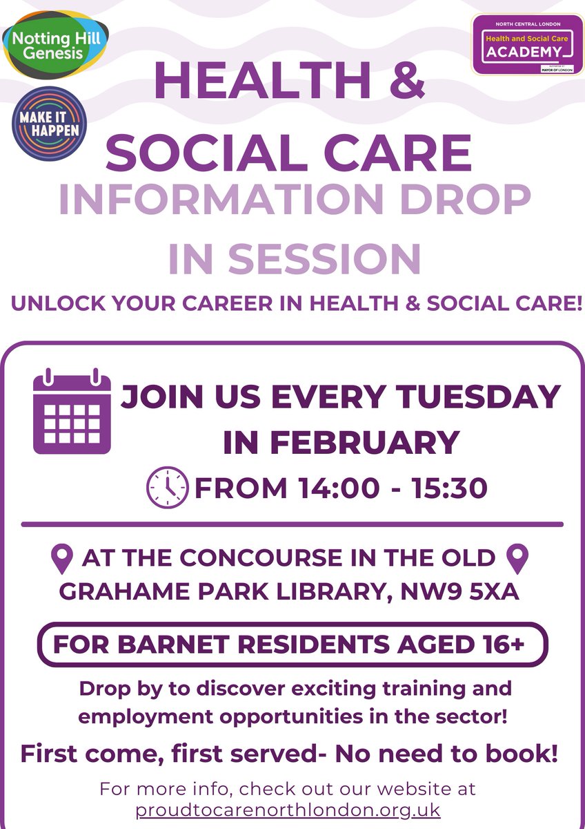 Join BOOST and the Health and Social Care Academy will be hosting drop-in health & social care drop-in sessions at the Old Grahame Park Library,, every Tuesday from 2 to 3.30pm and every Thursdays – from 2 to 3.30pm at Burnt Oak Library See below for more information: