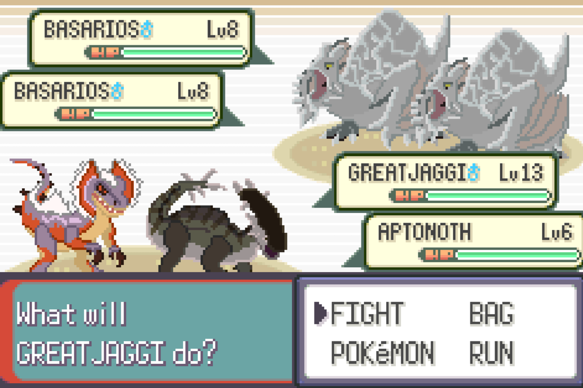 The_Nadei's tweet photo. My self made Pokemon Emerald x #MONSTERHUNTER Romhack is now all the way up to the first gym.

Have some screenshots of my work thus far

Mudshot + Soft Sand Barroth is a bit too strong ngl https://t.co/34QYiVUUAI