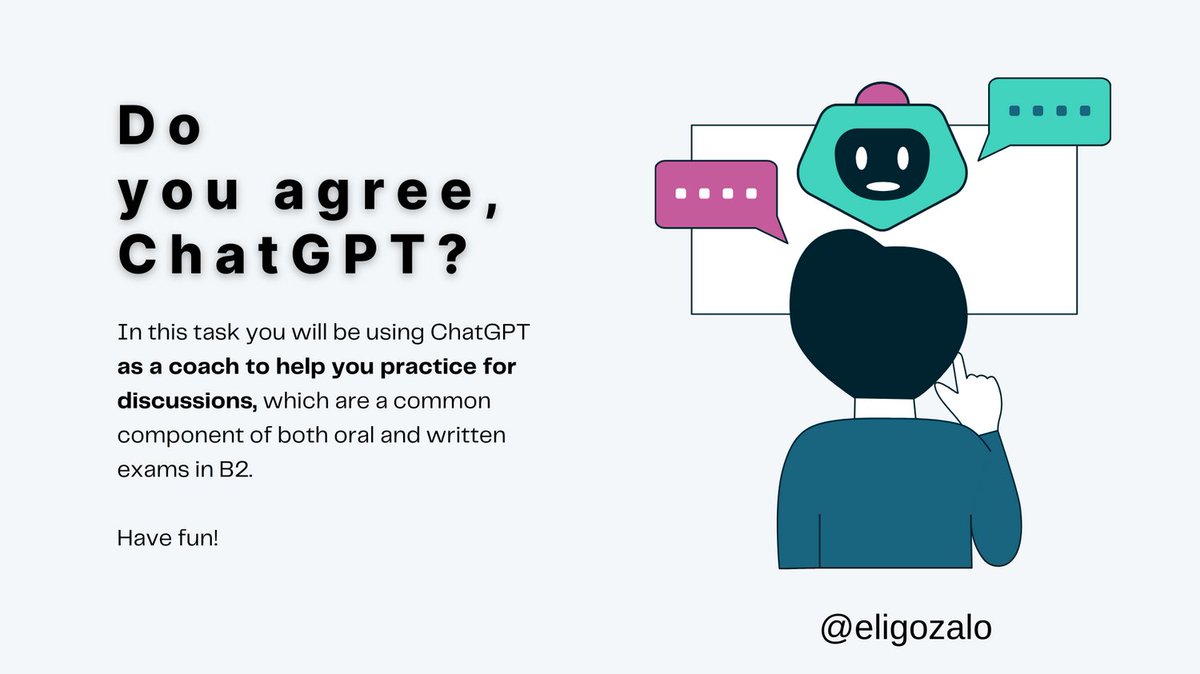 EliGozalo's tweet image. Elevate your EFL classroom dynamics with #ChatGPT&apos;s interactive discussions!  🗣️ Students express their opinions on various issues, while ChatGPT offers constructive feedback to sharpen their English debate skills. #EFLwithAI #LanguageTech #AIForEducation
canva.com/design/DAF7fcH…