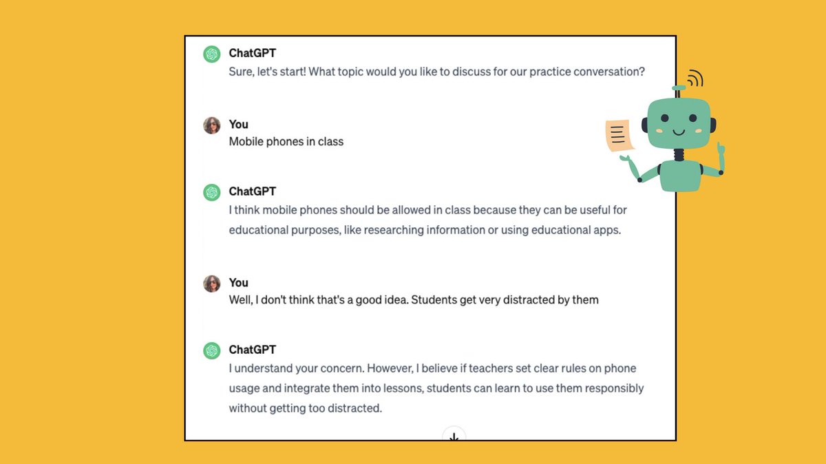 EliGozalo's tweet image. Elevate your EFL classroom dynamics with #ChatGPT&apos;s interactive discussions!  🗣️ Students express their opinions on various issues, while ChatGPT offers constructive feedback to sharpen their English debate skills. #EFLwithAI #LanguageTech #AIForEducation
canva.com/design/DAF7fcH…