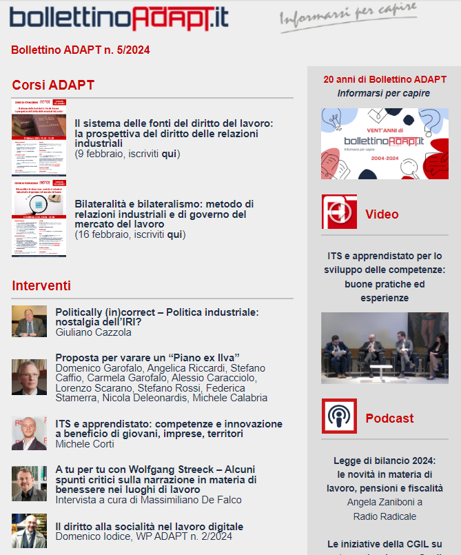 🆕#BollettinoADAPT, n. 5/2024

#ITS #apprendistato #lavorodigitale #Ilva #lavorodomestico #lezionidiemployability #dirittodellavoro #leggedibilancio #contrattazionecollettiva

➡️Leggi qui: mailchi.mp/adapt/bolletti…

✍️Iscriviti alla newsletter: bollettinoadapt.us3.list-manage.com/subscribe?u=47…