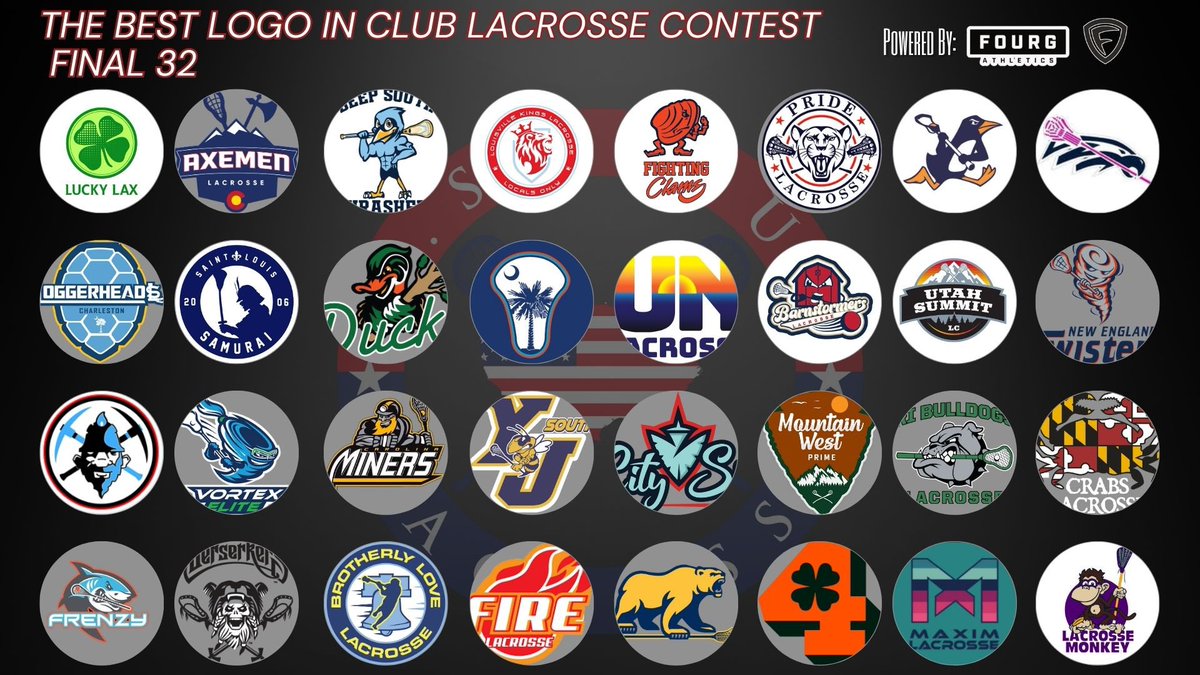 The logo finalists are here! After sifting through 400+ logos we are down to 32! We are so pumped that our logo contest is powered by the best in the business @FourgAthletics the club lacrosse hub for uniforms, decals and team stores. ⭐️Brackets will be released tomorrow 2/6