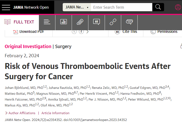 🚨New study alert! Major cancer surgery ↗️the risk of venous thromboembolism post-op, varying by cancer type. 📈 Data from cohort study in 🇸🇪 shows it's time for tailored thromboprophylaxis. #VTE #CancerCare @JAMANetworkOpen @OncoAlert @hatice_bolek @ASCO @myESMO…