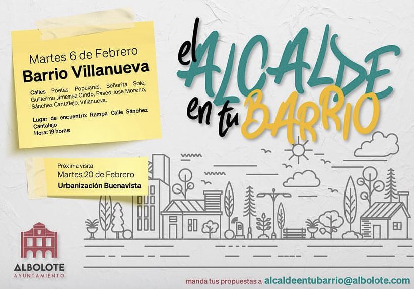 🔵 Mañana martes 6 de febrero “el Alcalde en tu barrio” estará en la zona del Barrio Villanueva 

💡¡Seguimos cumpliendo y mejorando #Albolote!

📍 Rampa Calle Sánchez Cantalejo a las 19:00

#conlasideasclaras💡#PoyParaAlbolote #Alboloteenmarcha