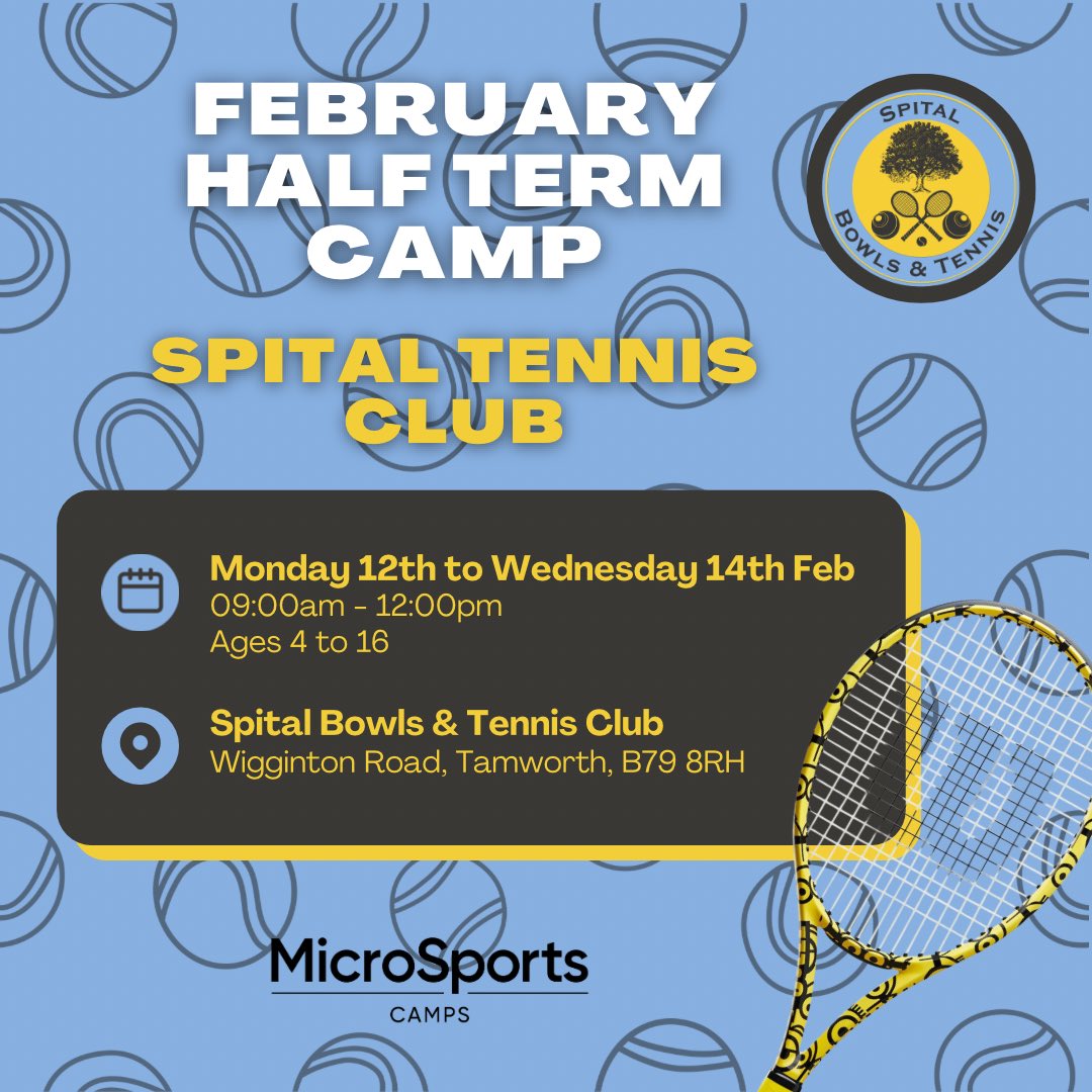 MattTennisCoach's tweet photo. 🎾 February Half Term Tennis Camp at Spital Tennis Club 

📅 Date: Mon 12th to Wed 14th Feb
👧👦 Ages: 4-16

Just a quick reminder to secure your child's spot for an action-packed tennis adventure! 🎾 Limited spaces available, so visit
https://t.co/MnQXEh0UZT now to register! https://t.co/ltfR3muBTB