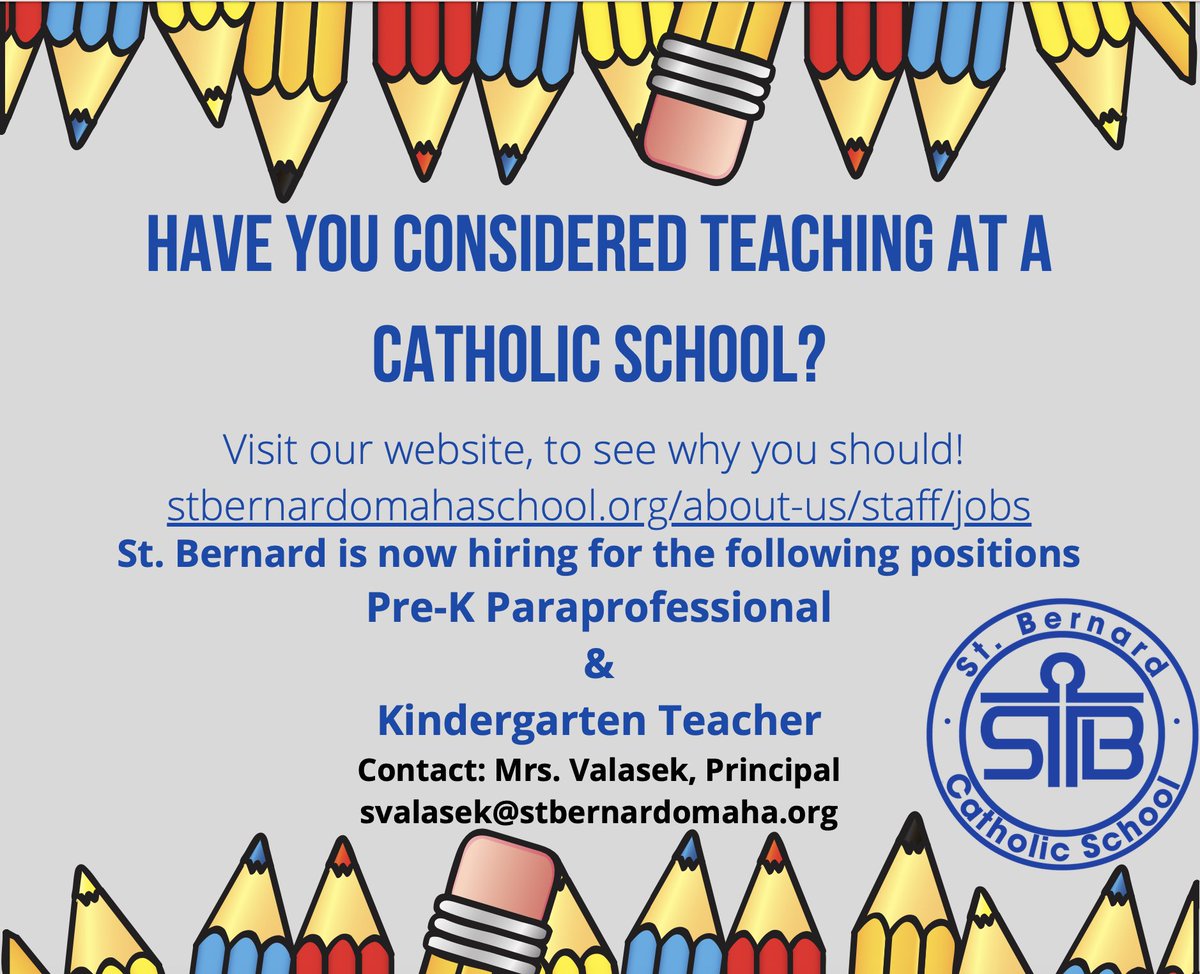 Be a Tiger <a href="/stbernardtigers/">St Bernard School</a> St. Bernard Catholic School!  We are now hiring for the following positions!
<a href="/ArchOmahaSchool/">ArchOmaha Catholic Schools</a> <a href="/ArchOmaha/">Archdiocese of Omaha</a>