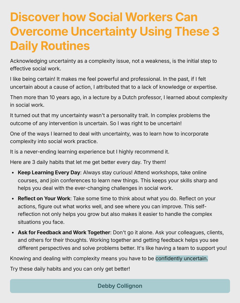 Discover how Social Workers Can Overcome Uncertainty Using These 3 Daily Routines

complexity = uncertainty

#SocialWorkComplexity #EmbraceUncertainty #ComplexityInPractice #SocialWorkJourney #DailyHabits #NeverEndingLearning #MotivatedSocialWorker