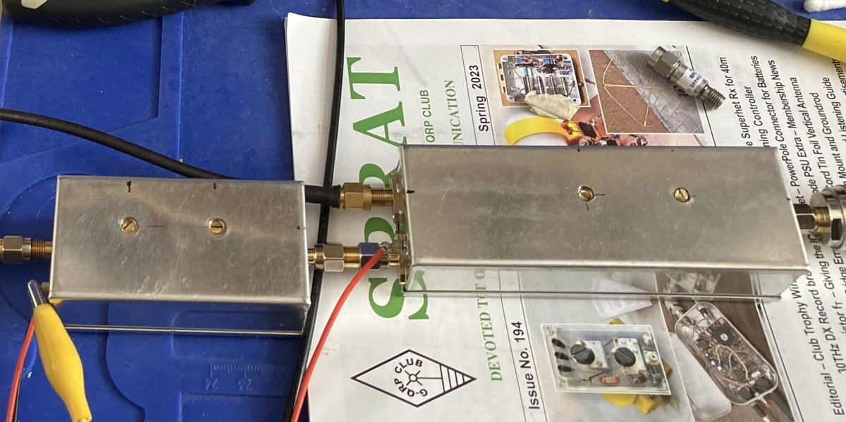 Experimenting with two Rev 2 TX up-converter boards. They haven't let out any magic smoke (yet)! 🙂
Measuring +5dBm out on 10368MHz. Using an FT-818 on 432MHz as the IF.
#GHz_Bands