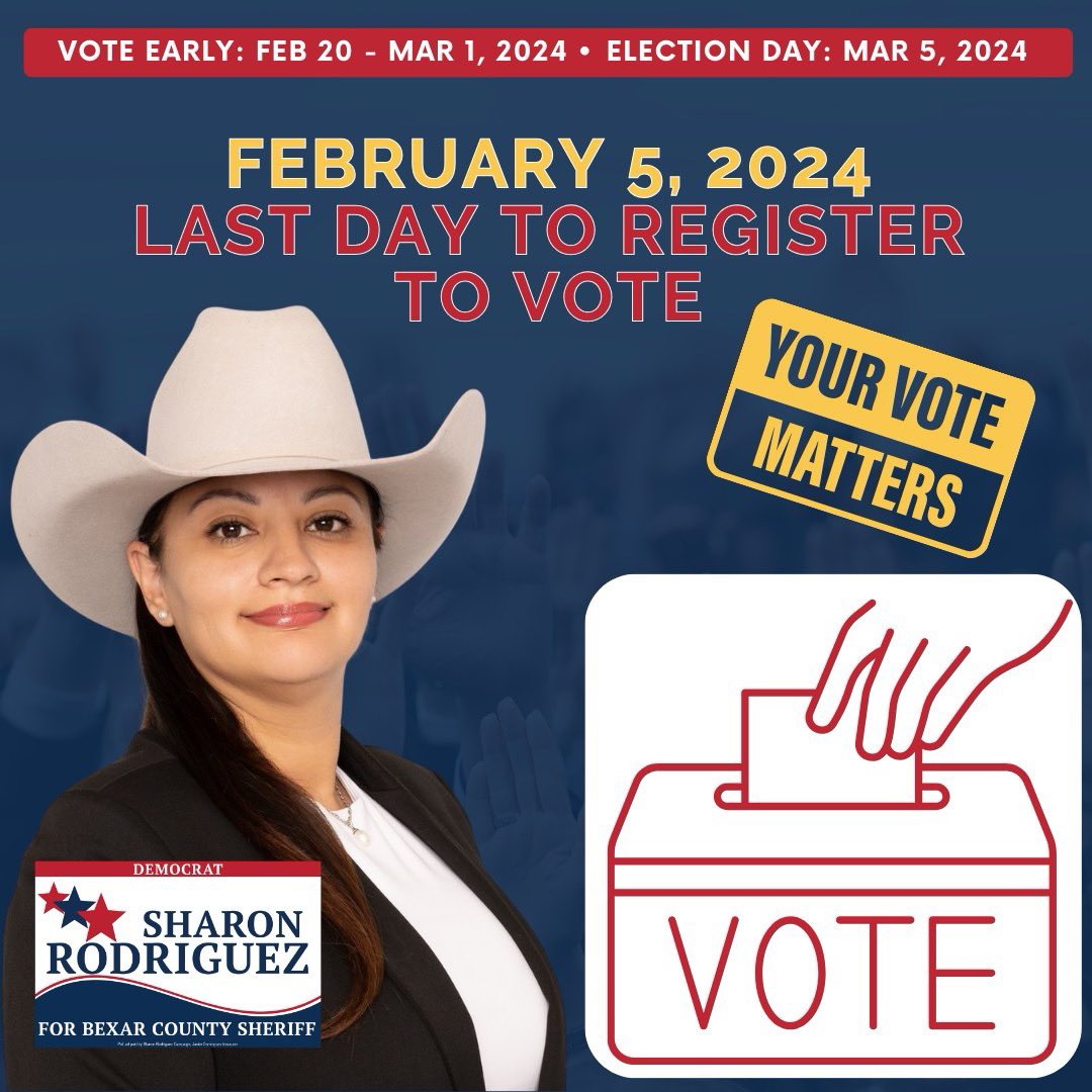 Today,l is your last day to register to vote in the March Democratic Primary Election. We have had contested races decided by as little as 10 votes in Bexar County! #Sharon4Sheriff 
Check your status ⬇️
bit.ly/RegVoterCheck

#LatinaLeaders #ChangeHappensNow #PeopleNotPolitics