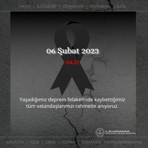 T.C. MEB Destek Hizmetleri Genel Müdürlüğü (@meb_dhgm) on Twitter photo 6 Şubat 2023 tarihinde yaşadığımız elim deprem felaketinde hayatını kaybeden vatandaşlarımızı saygı ve rahmetle anıyoruz.
<a href="/tcmeb/">Millî Eğitim Bakanlığı</a> <a href="/Yusuf__Tekin/">Yusuf Tekin</a> <a href="/omurfatih/">Ömür Fatih Karakullukçu</a> 6 Şubat 2023 tarihinde yaşadığımız elim deprem felaketinde hayatını kaybeden vatandaşlarımızı saygı ve rahmetle anıyoruz.
<a href="/tcmeb/">Millî Eğitim Bakanlığı</a> <a href="/Yusuf__Tekin/">Yusuf Tekin</a> <a href="/omurfatih/">Ömür Fatih Karakullukçu</a>