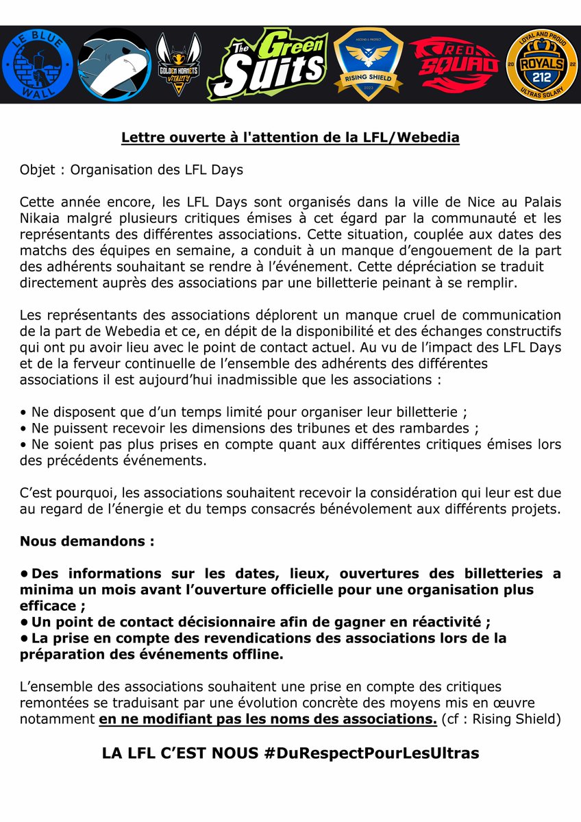 ⚪️ Lettre ouverte à la LFL et Webedia 🟡

#DuRespectPourLesUltras 

<a href="/LeBlueWall/">Le Blue Wall</a> <a href="/GoldenHornets/">🐝 Golden Hornets 🐝</a> @TeamDuSudUltras <a href="/SolaryUltras/">ROYALS 212 👑</a> <a href="/TheGreenSuits/">The Green Suits</a> <a href="/AEGShield/">Rising Shield 🦉</a> @Ultras_GO