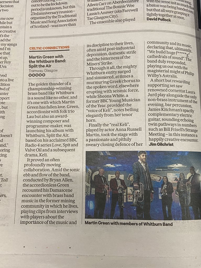 whitburnband's tweet photo. ***** A five-star review in today's Scotsman newspaper for our Celtic Connections show with Martin Green, Sheona White and Anna Russell-Martin! https://t.co/hVGxw5JGPJ