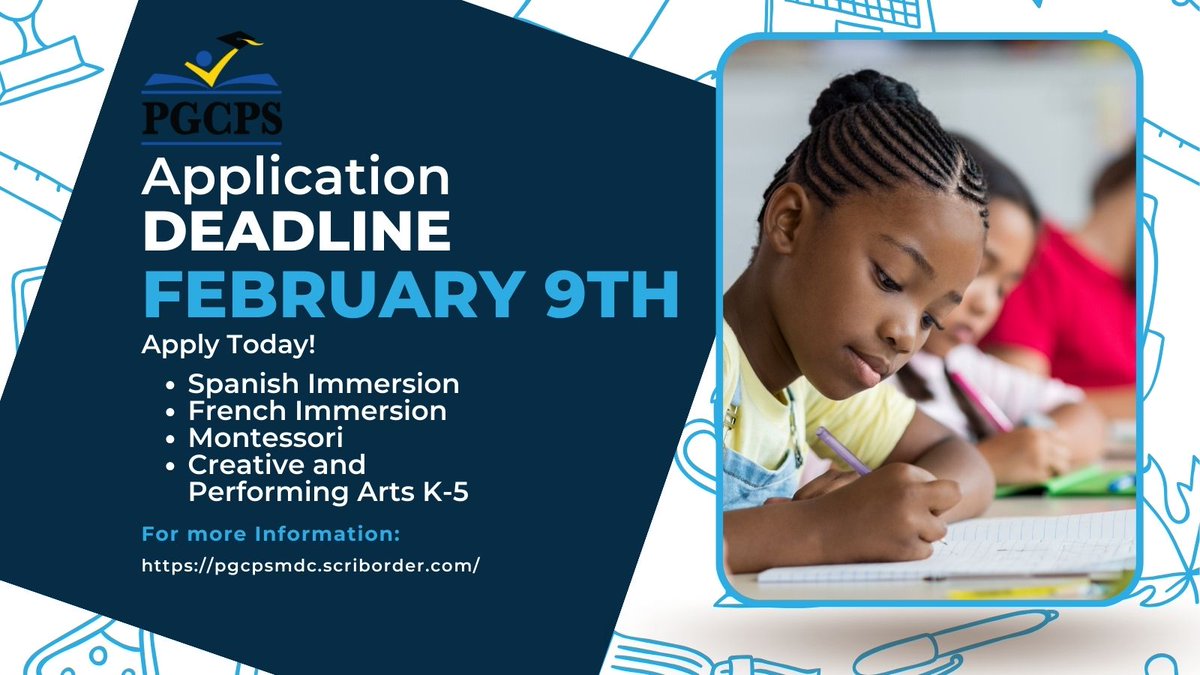 This is the final week to apply for the PreK-5 Specialty Programs lottery. The deadline to apply is Friday, February 9th. <a href="/pgcps/">PGCPS</a> <a href="/PGCPSImmersion/">PGCPSImmersion</a>