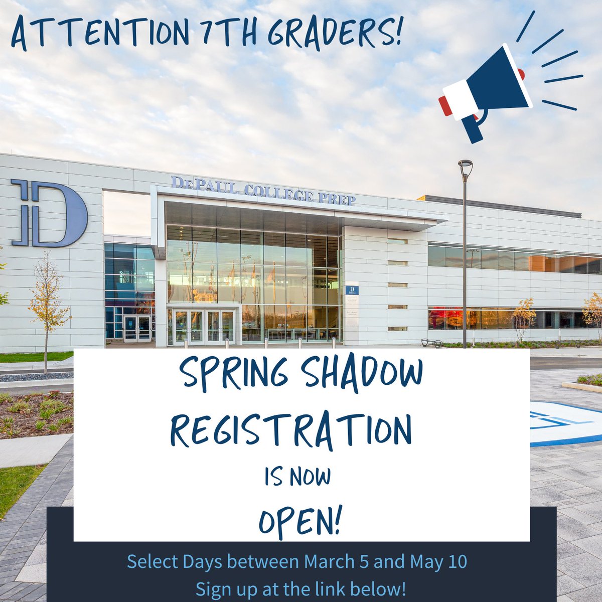 depaulprepadmis's tweet photo. Calling all 7th Graders! Join us on campus for Spring Shadow Days. Experience what it's like to be a Ram! Sign up at the link below! #ALLIN #BeARam

https://t.co/PJG8JF38tu https://t.co/duyOIqofG6