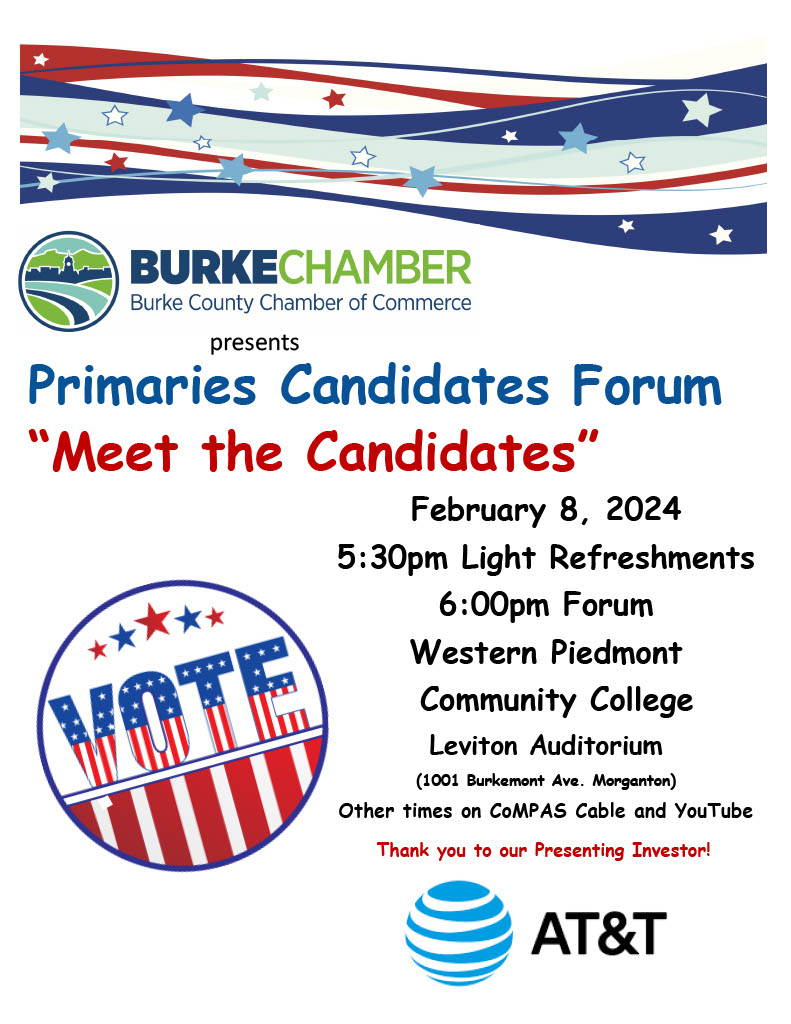 TheBurkeChamber's tweet photo. The Burke County Chamber of Commerce invites you to the Primaries Candidates' Forum, presented by AT&T. https://t.co/TTiWIYyphG #BurkeBusiness #SupportBurke #votereducation #events https://t.co/6JOfujCnAO