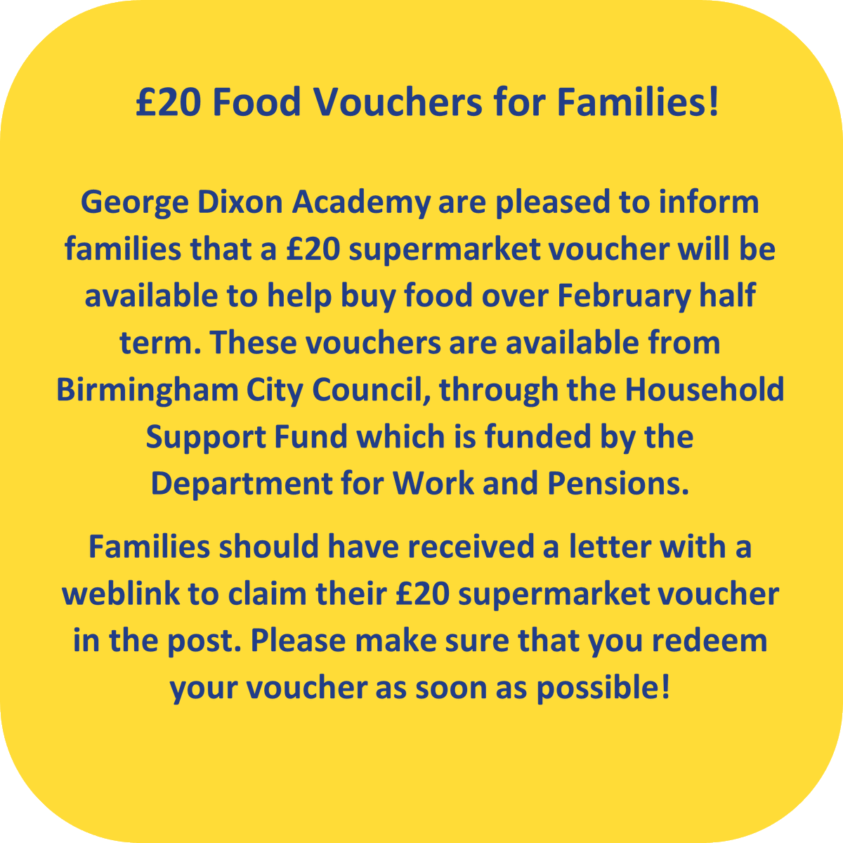 In case you missed it... last week's front page of The Dixonian highlighted the £20 supermarket voucher available to all pupils over February half term. Letters with individual weblinks should now have arrived to all families, please contact the school with any queries :)