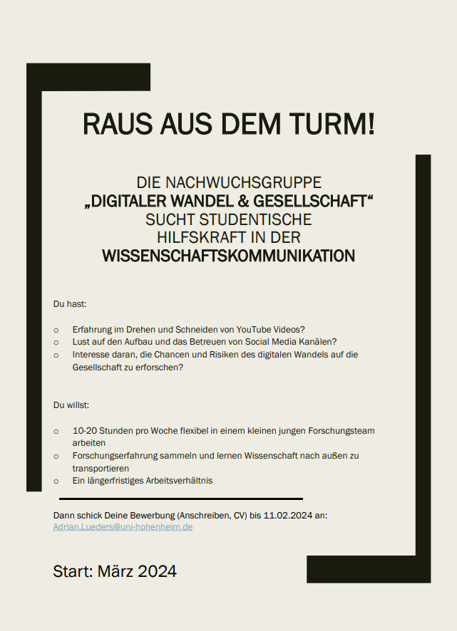 Adrian_Lueders's tweet photo. Bitte teilen: Wir suchen Unterstützung in der Wissenschaftskommunkation - insbesondere für den Aufbau eines Youtube Kanals! 
https://t.co/0XpPEQvM6j
@UniHohenheim @IWMtue @DGPs_MediaPsych @Uni_Stuttgart @uni_tue https://t.co/zgkcr2MNO4