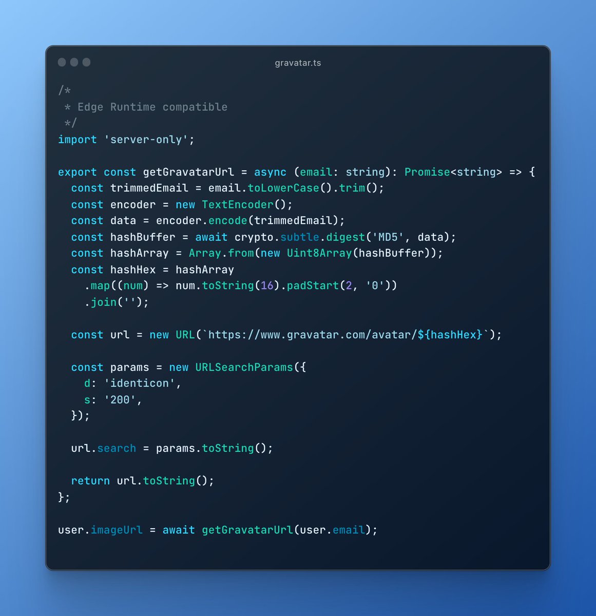 Couple of useful @nextjs functions for generating a Gravatar image for the  user, for either the Node.js or Edge Runtime.
