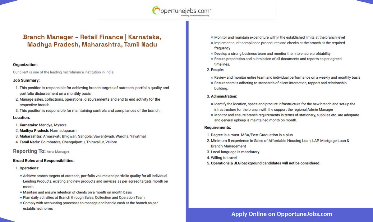 Microfinancejb's tweet photo. We're #hiring #Branch_Manager – Retail Finance in Karnataka, Madhya Pradesh, Maharashtra, and Tamil Nadu. Multiple vacancies available!
Apply at https://t.co/fZZeYFyNy8
#OpportuneJobs #MicrofinanceJobs #jobsinmicrofinance #job #JobOpening #jobseekers #jobsearch #microfinance https://t.co/0OFYA62Sjz