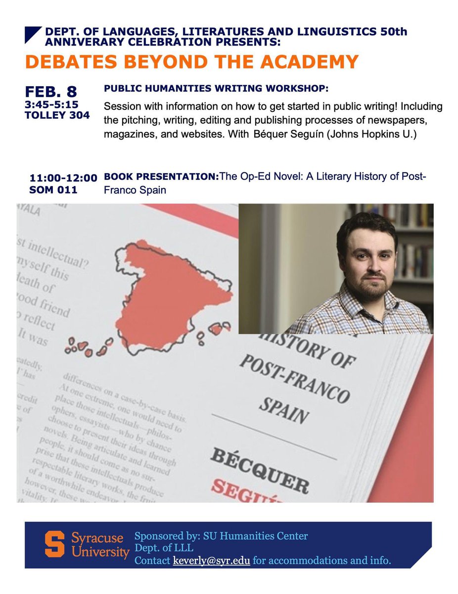 @bcqer is visiting LLL @SyracuseU this week to present 'The Op-Ed Novel' (Harvard UP, 2024) and conduct a public humanities writing workshop. See you there! Register here for Zoom attendance: humcenter.syr.edu/calendar/debat…