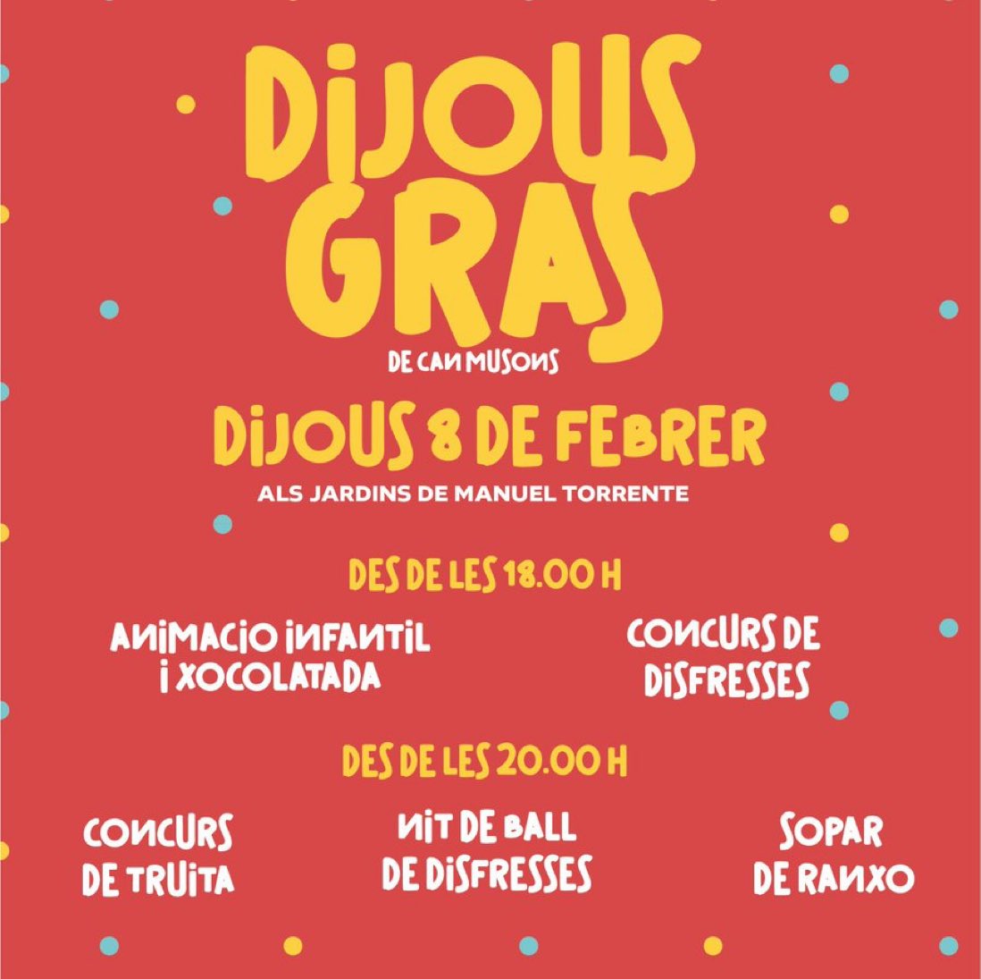 cvg_cat's tweet photo. Dijous arriba el #DijousGras i la reina Carnestoles.
T’esperem a partir de mes 18h davant de #CanMusons i gaudeix del concurs de disfresses, de truites, animació infantil, xocolatada, sopar de ranxo i ball amb PD Vili's&Family!
Vine a gaudir de l'arribada del #Carnaval24! https://t.co/cOASoDMwL4