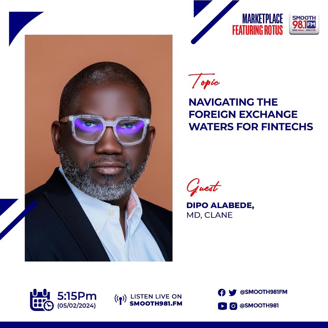 🎙️ Join our MD <a href="/DipopoAlabs/">Dipo Alabede</a> 
live on @smooth981FM as he talks about “Navigating The Foreign Exchange Waters for Fintech Companies”. 

Don't miss out on important insights and strategies!

⏰ 5:15PM
🗓️ Today, 5/02/24
🎙️ Smooth98.1 FM

 #Fintechinsights  #LiveRadioTalk