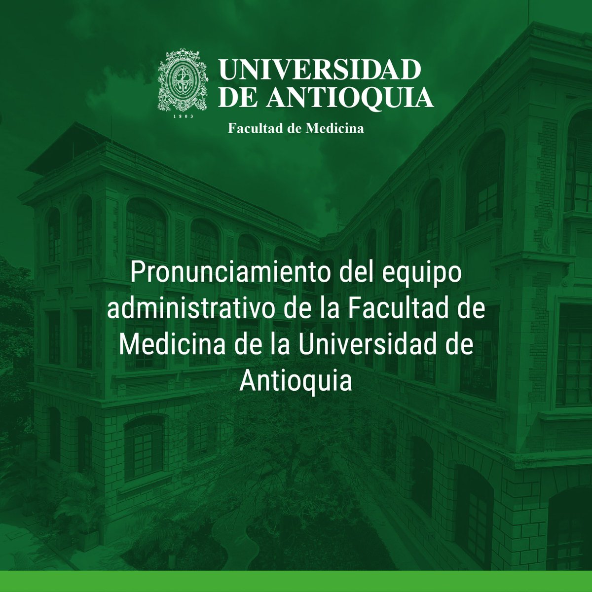 Medicina_UdeA's tweet photo. 📣 El equipo administrativo de nuestra Facultad expresa un respetuoso y vehemente rechazo a las recientes afirmaciones y calificativos que, desde diferentes tribunas públicas, se vienen generando en contra de nuestra universidad.

🔗 Accede aquí👉🏻 https://t.co/mUcjucnBxP https://t.co/BkLqnmB1SJ