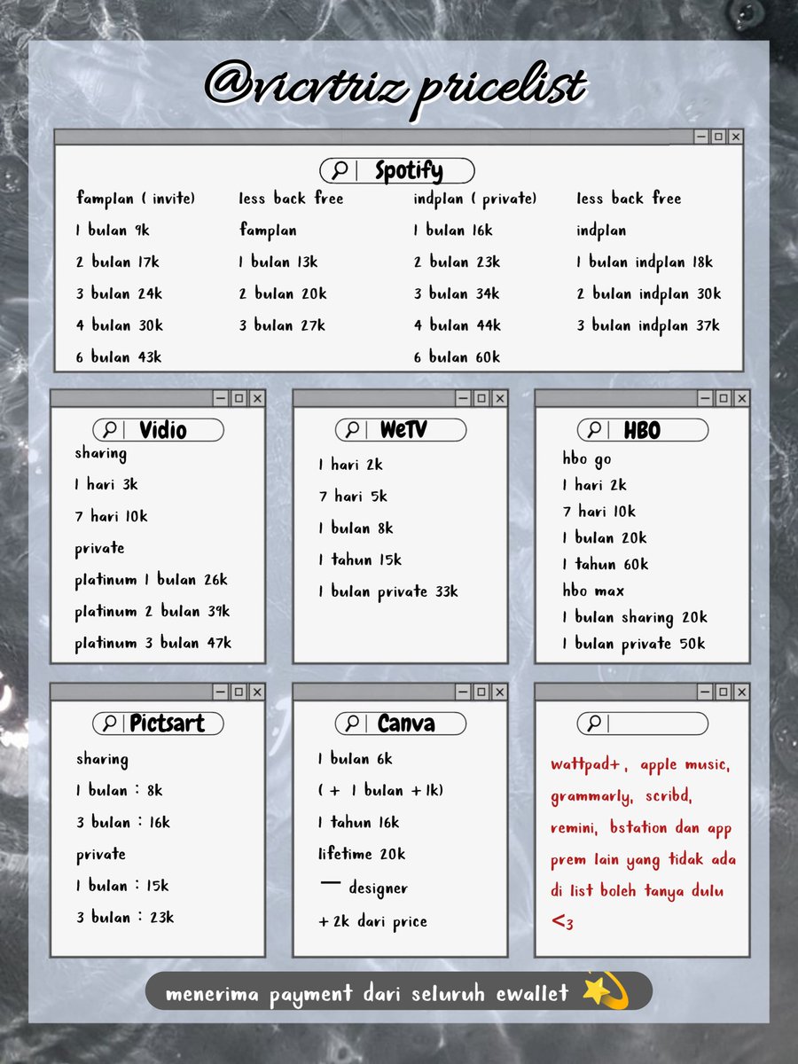 IntfinityStore's tweet image. 💫 viz premium app price list 💫

mention after dm or whatsapp in bio for fast response! feel free to ask me anything ya 🫶

accept payment via all e-wallet indonesia ✨

tags #zonaba #zonauang app prem