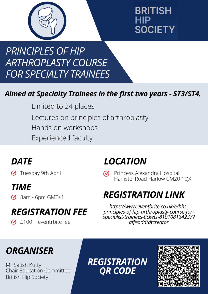 British Hip Society (@britishhip) on Twitter photo <a href="/BritishHip/">British Hip Society</a> are delighted to announce their next Principles Course for Hip Replacement Surgery. Suitable for ST3/4 level trainees. 9th April 2024 Harlow. Please apply here eventbrite.co.uk/e/bhs-principl… <a href="/BritishHip/">British Hip Society</a> are delighted to announce their next Principles Course for Hip Replacement Surgery. Suitable for ST3/4 level trainees. 9th April 2024 Harlow. Please apply here eventbrite.co.uk/e/bhs-principl…
