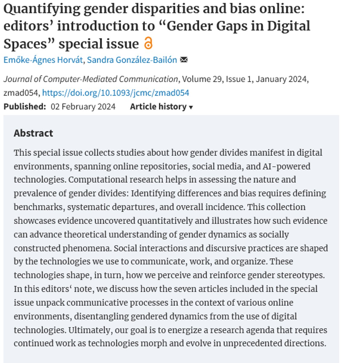 The Special Issue “Gender Gaps in Digital Spaces” is out @ica_jcmc! This project started in ICA-Paris'22. Thx to Agnes @LINKatNU for co-editing w me & to @nicole_ellison & @cuihua for their vision. The issue includes seven fantastic articles, more here: academic.oup.com/jcmc/article/2…