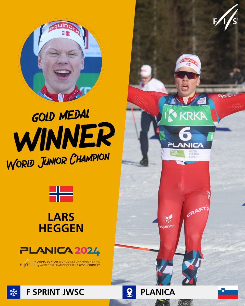FISCrossCountry's tweet photo. The Norwegian Lars Heggen 🇳🇴 is crowned Junior World Champion 🥇 in the sprint free in Planica 🇸🇮 ! What a victory.
The silver and bronze medals are awarded to the Swedes, 🥈Anton Grahn 🇸🇪 and🥉 Jonatan Lindberg🇸🇪 !
📸: PlanicaNordic
#fiscrosscountry #planica2024 #jwsc https://t.co/thoQfLsFm6