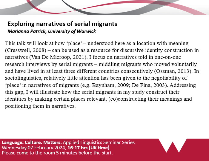 WarwickAppLing's tweet photo. This Wednesday 7th February 4-5pm Marianna Patrick from the University of Warwick will be our #AppliedLinguisticsSeminar speaker, talking about 'Exploring narratives of serial migrants'

💻 To join, please follow the link: https://t.co/NxvqSzDSiJ https://t.co/Q41jZl4NlE