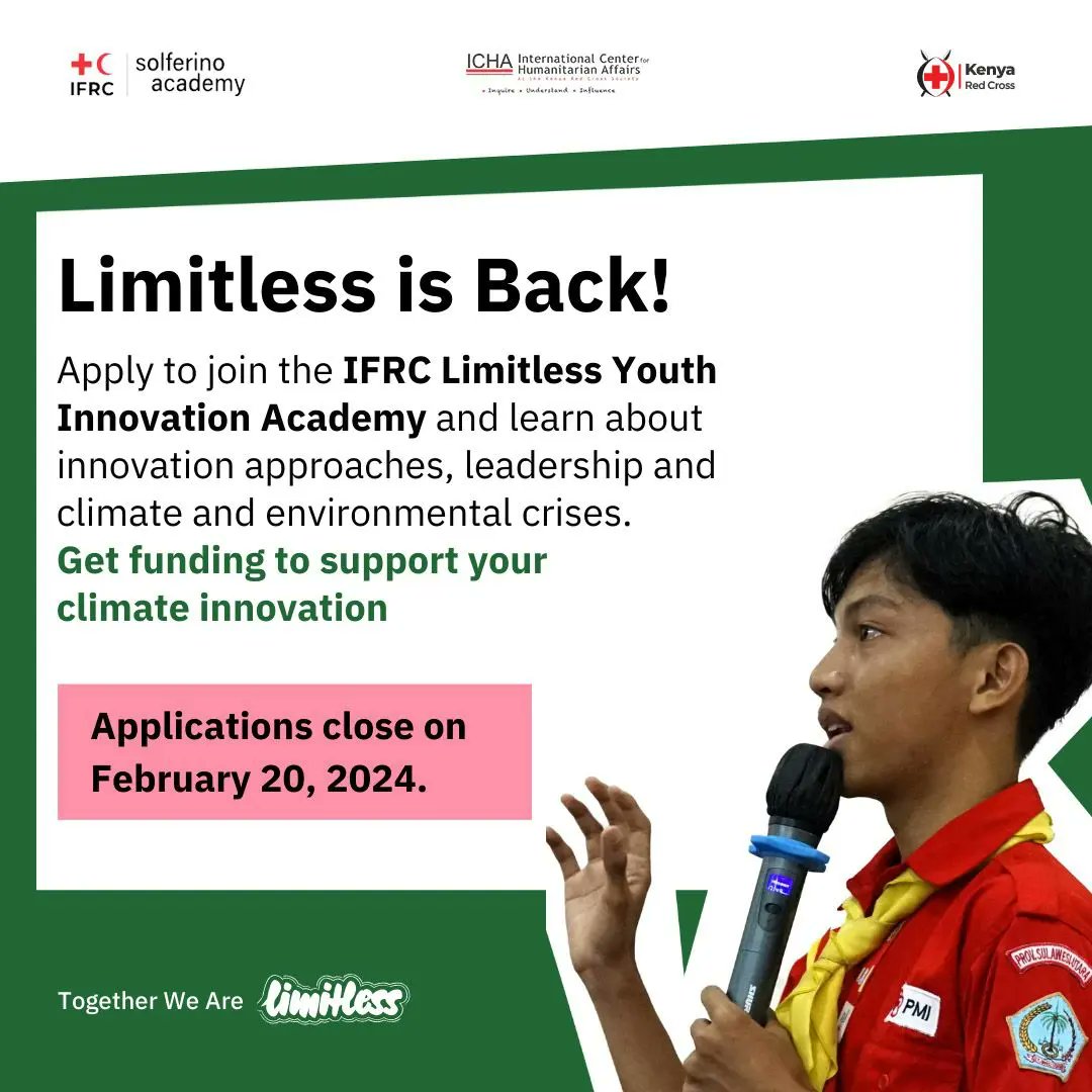 icha_krc's tweet photo. The IFRC Limitless Youth Innovation Academy applications are open. Join thousands of youth innovators tackling the biggest threat of our time–climate and environmental crises. https://t.co/xwjpN4OUuY