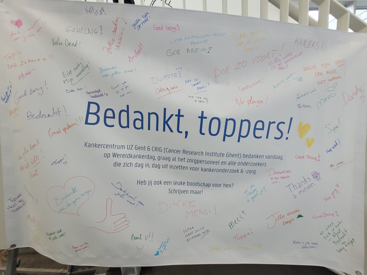 Wij vonden #wereldkankerdag de ideale gelegenheid om samen met het @uzgent Kankercentrum al het zorgpersoneel en alle onderzoekers die elke dag bezig zijn met kankeronderzoek- en zorg te bedanken 👇! Bedankt, toppers (&boodschapschrijvers) 💙!