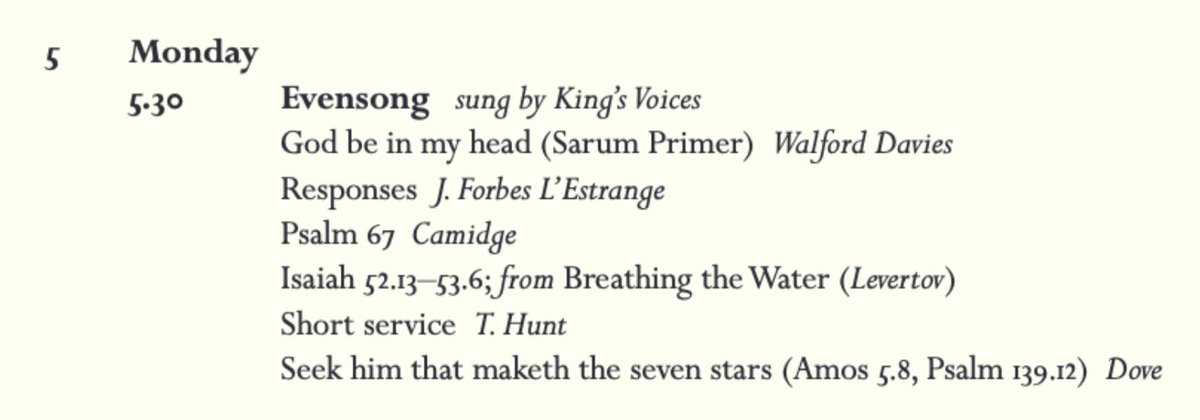 Join us for Evensong today at 17:30 in @Kings_College Chapel, with music from Walford-Davies, @JoForbesLE, Camidge, Hunt, and @dovecomposer!