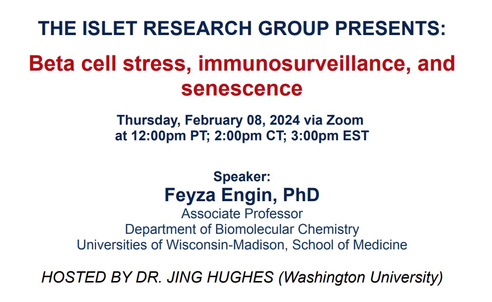 This Thursday Feb 8 - superstar Feyza Engin ✨@EnginLaboratory unfolding the beta cell stress response for us. DM for zoom link and to join the mailing list.