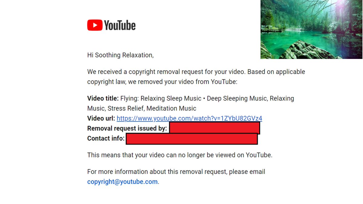 SoothingRelax's tweet photo. @YouTubeCreators  "Flying", with over 400 million views, has been taken down today and I haven't received any information about the details. Could you please get back to my email as soon as possible? The music in the video is my own and the clips have been properly licensed... https://t.co/ZRcWRVALmb