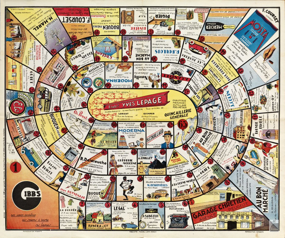 #Tresorsdarchives Jeu de l'oie commercial de #Lorient , années 1930
Jeu de l’oie pliable offert par les commerces lorientais. Il présente les 63 commerçants de Lorient qui participent à l’opération.
tinyurl.com/mv3edcjf