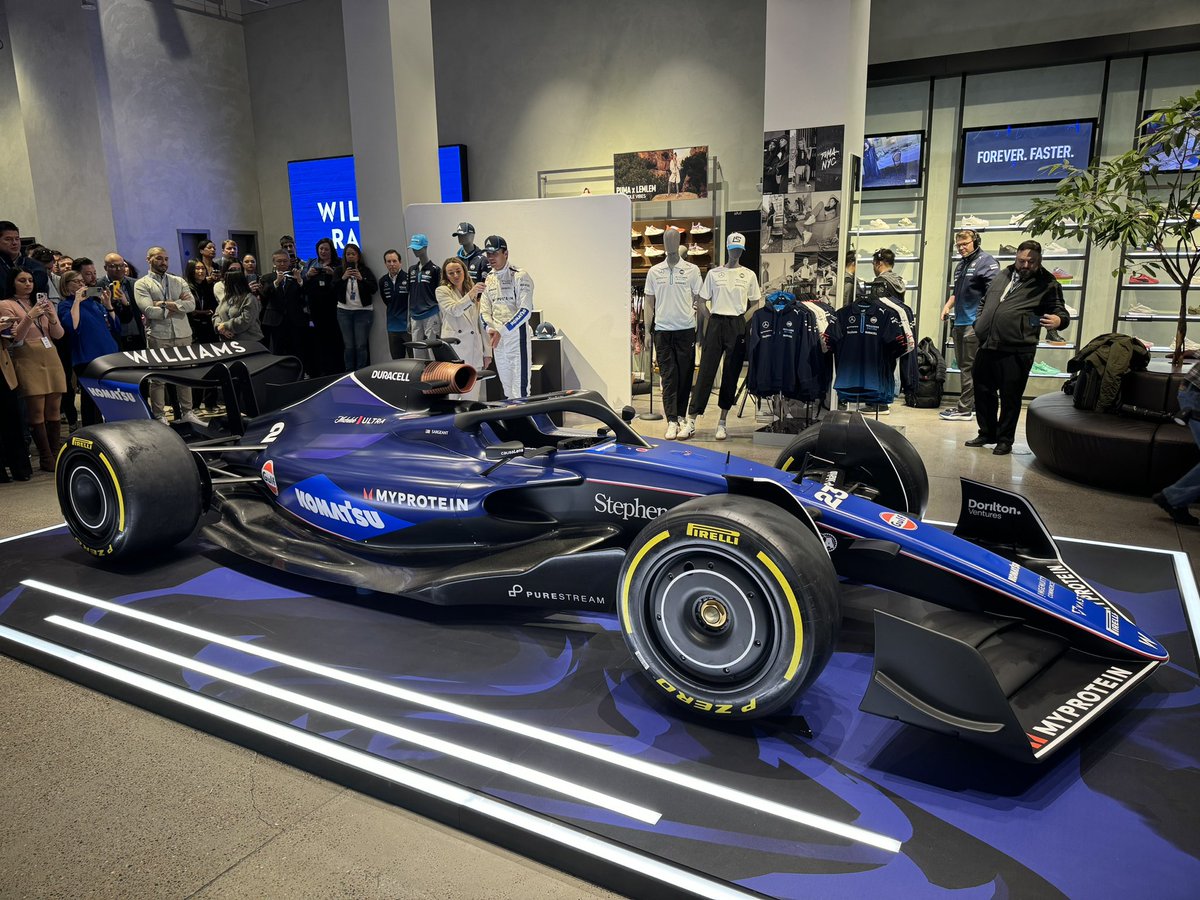 ChrisMedlandF1's tweet photo. And the Williams livery in the flesh, which is on a show car but on display in the middle of the Puma flagship store on Fifth Avenue until Sunday 11 February #F1 https://t.co/t1tA8EUtuE