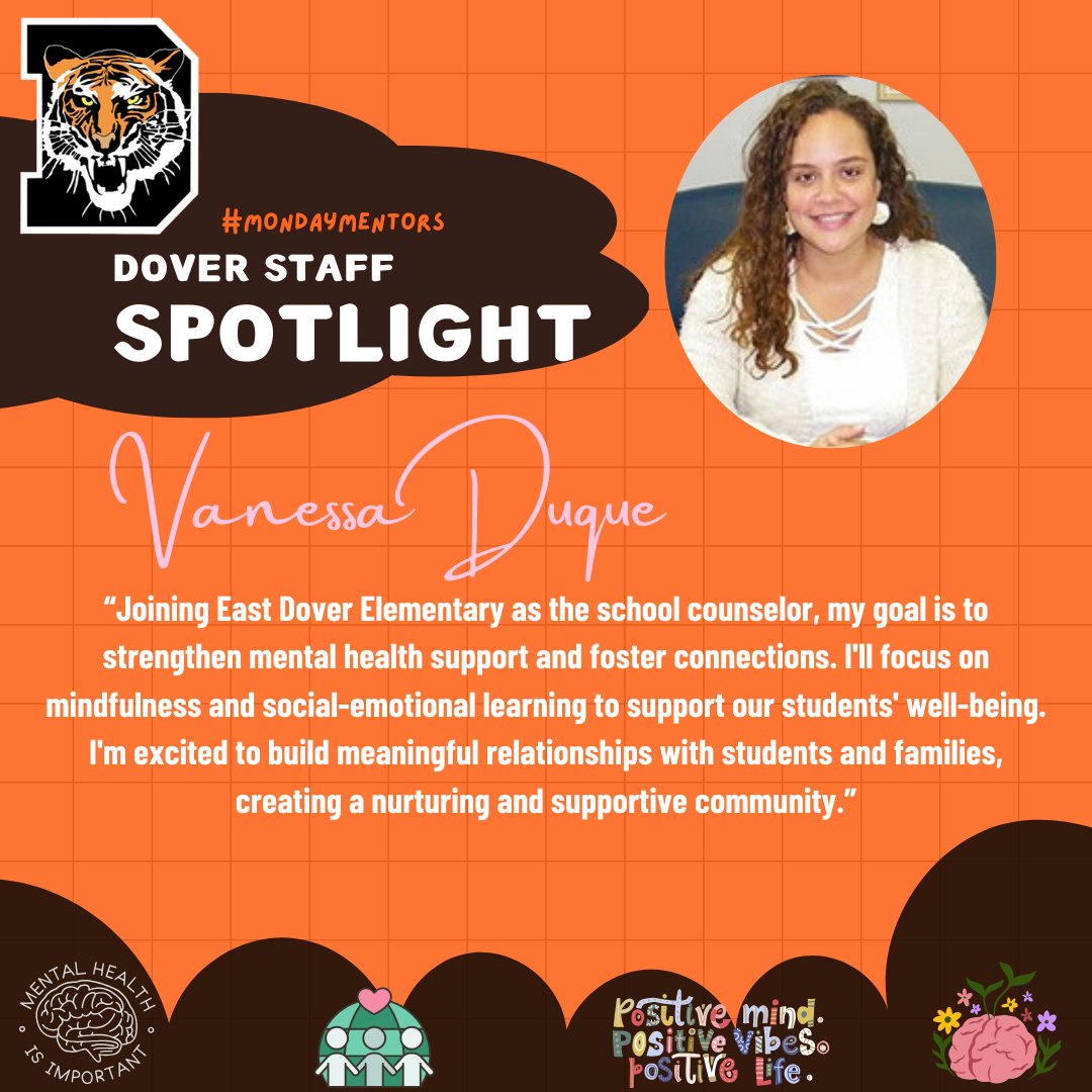 PublicDover's tweet photo. 👋 Monday Mentors time! 🐯🧠 Today, we honor Vanessa Duque, our incredible school counselor at @EDETIGERS ☮️ Her passion for mental health and well-being shines through as she supports our students. 🌱💚👏 Kudos to Vanessa for her dedication to our school community! 🎉🧡🖤 https://t.co/9viZijIcnJ
