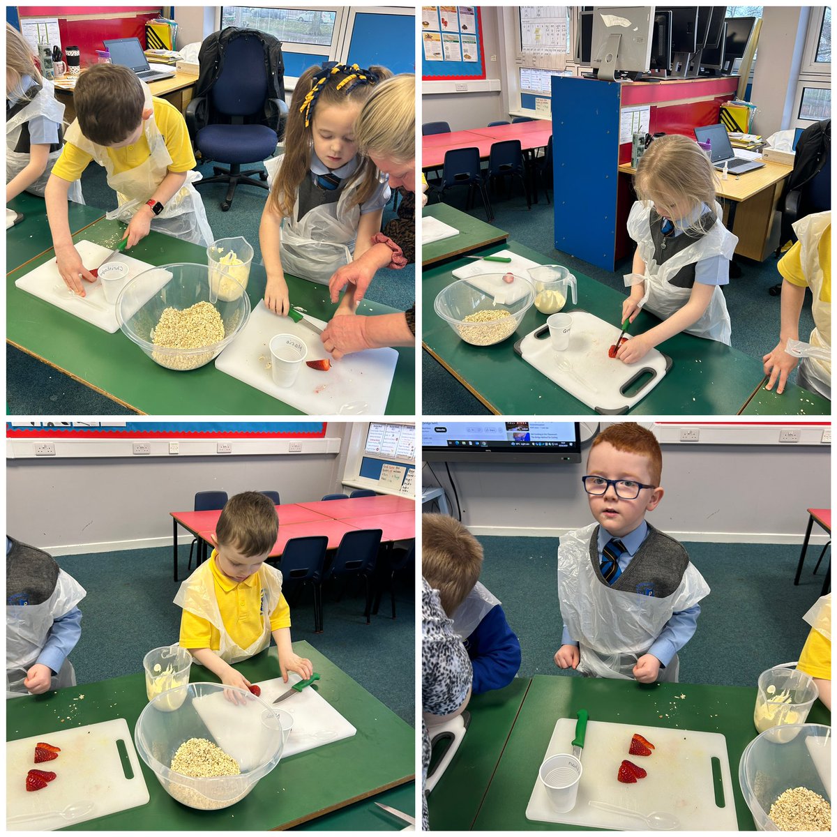 MrsMeekMPS's tweet photo. We were using real knives to cut strawberries! P1/2 were making yummy Cranachan! #cookingintheclassroom @MuirhousePS https://t.co/WYO2czEcGl