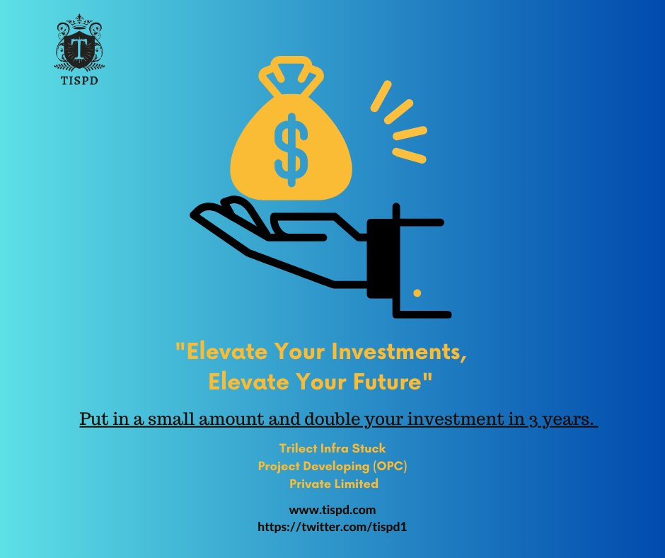 tispd1's tweet photo. https://t.co/QU4NYtwFYI time to invest in infrastructure and industry projects! Put in a small amount and double your investment in 3 years. Don't get stuck in projects that won't give you returns. Double Your Investment in Three Years, Exit Anytime with a 12% Interest Guarantee! For Invest Now follow the link  Visit us : https://t.co/hYbCR0AaMN #financing #investment #smallinvestment #moneysave