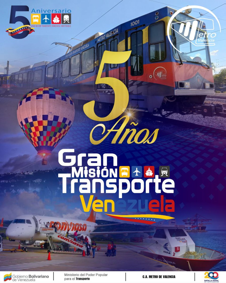 #05feb 👉🏽 #aniversario 

Desde @metrovalenciaoac felicitamos a la #granmisióntransportevenezuela en su 5° aniversario. Deseamos que continúe avanzando y transformando el sistema de transporte en nuestra Patria 🇻🇪🚆✈️🛳️🚌
#venezuelapotencia🇻🇪 
 
#MetroDeValencia #GMTVzla #Carabobo