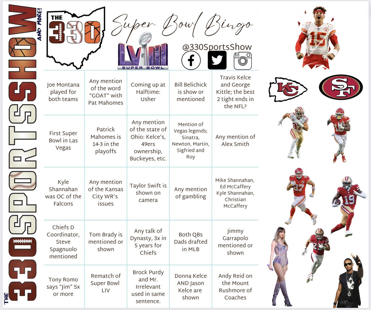 Your #SuperBowlLVIII Bingo Card for 2024
Enjoy and have fun, please share with anyone interested!!!!!

#TaylorSwift #JoeMontana #PatrickMahomes #Belichick #TravisKelce #GeorgeKittle #LasVegas 
#wayneNewton #AlexSmith #KyleShanahan #SteveSpagnuolo #Gambling #TonyRomo #JimNantz