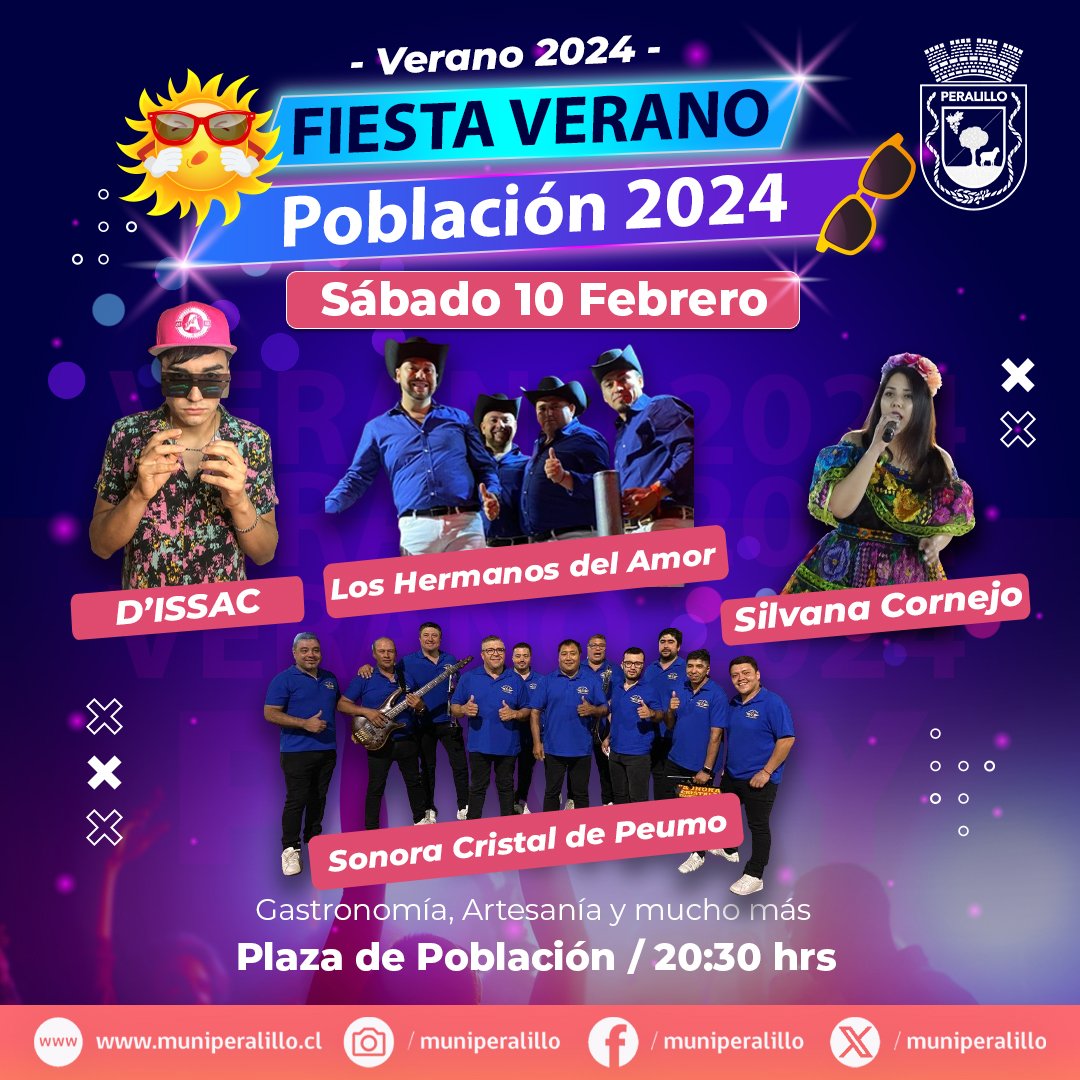 FIESTA DEL VERANO POBLACIÓN 2024 📷📷
La Ilustre Municipalidad de Peralillo, te invita a disfrutar de la Fiesta del Verano en Población. 08-09 y 10 de Febrero 2024.📷📷

Una fiesta familiar con rica gastronomía y artesanía en Plaza de Población. Te esperamos!!.

#Población2024