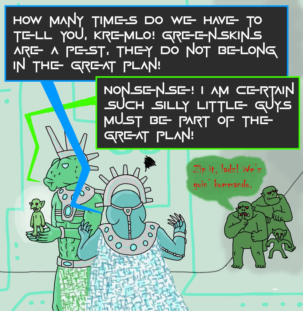lordmagmion196's tweet photo. This time we get a two-for-one! @LSotek and @Hapimeses waited until the very end of the stream to casually drop that Kremlo, as an old one, purposefuly introduced orcs and goblins into the world as part of his own interpretation of the Great Plan. https://t.co/ewWYdPx4nj