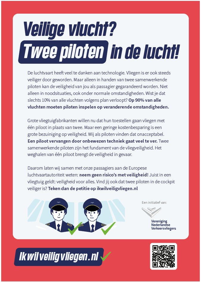 Zou u zich veilig voelen met slechts 1 piloot in de cockpit? Met hooguit een geringe besparing op uw ticketprijs, betaalt u mogelijk de hoogste prijs voor uw veiligheid. Teken online deze petitie om twee piloten in de cockpit te houden: ikwilveiligvliegen.nl/onderteken-de-…