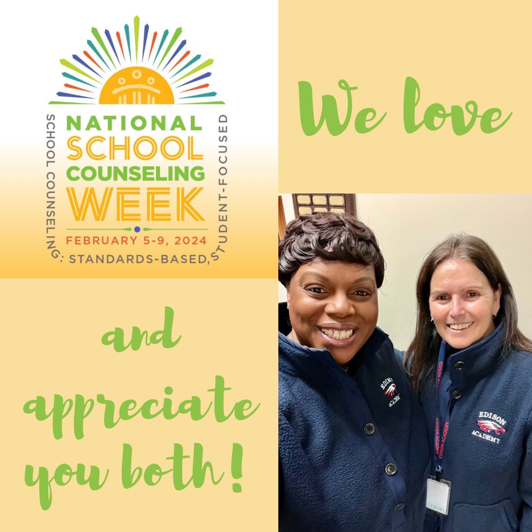 Edison Academy FCPS (@edisonacademy) on Twitter photo February 5-9 is National School Counseling Week! To our Edison Academy School Counselor, Ms. Deedy and our Career Experience Specialist, Ms. Frederick we say thank you for your hard work and dedication, you are appreciated 🥰 #nationalschoolcounselorweek #ThankYou February 5-9 is National School Counseling Week! To our Edison Academy School Counselor, Ms. Deedy and our Career Experience Specialist, Ms. Frederick we say thank you for your hard work and dedication, you are appreciated 🥰 #nationalschoolcounselorweek #ThankYou